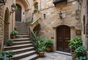 Naklejka premium A medieval inner courtyard with stone walls, stairs, and plants
