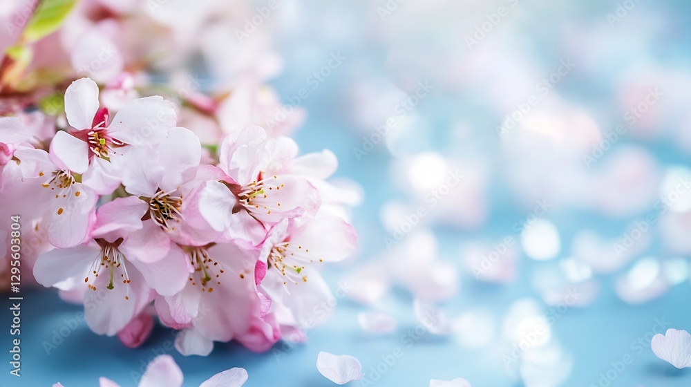 Aufkleber delicate cherry blossom petals spread out on a soft blue background with sparkling bokeh effects for