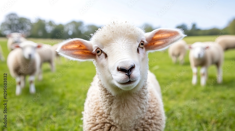 Poster Friendly sheep looking directly at the camera while grazing in a lush green field : Generative AI