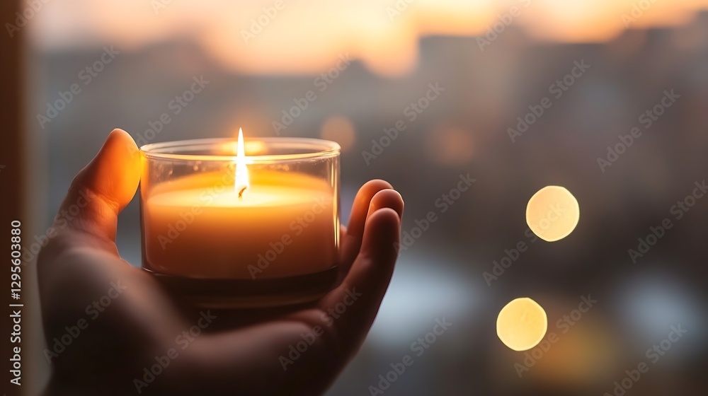 Poster hand holding a burning candle with soft glow captured in a warm evening light : generative ai