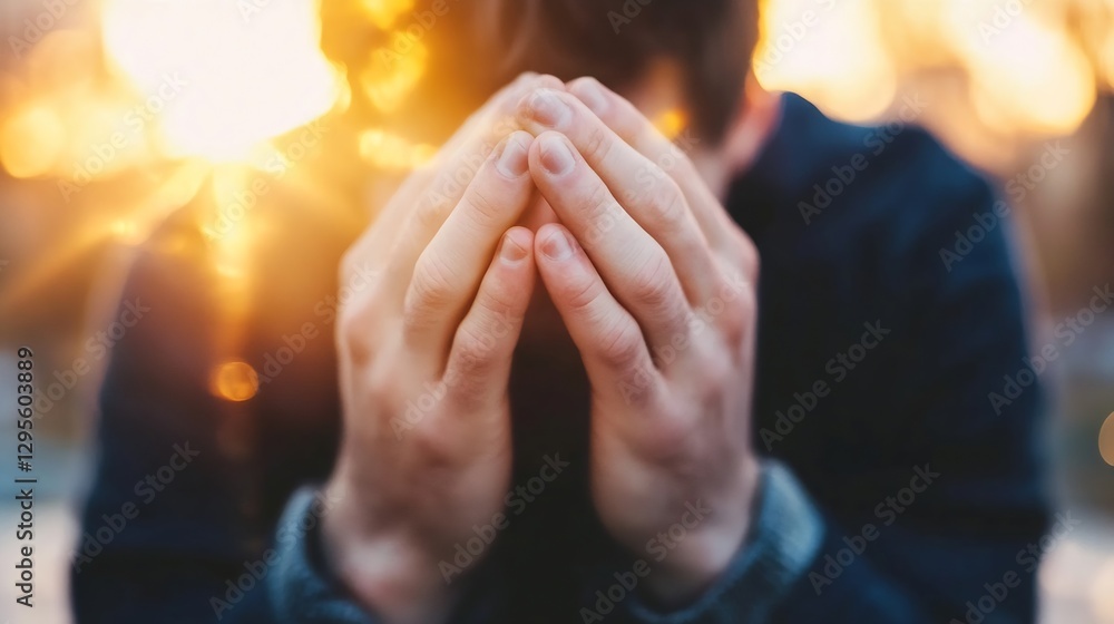 Poster a young person with hands clasped in front of their face, illuminated by warm sunlight creating a co