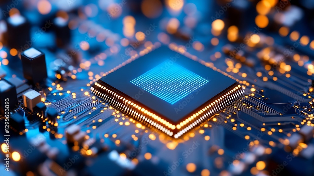 Poster Close Up of Modern CPU Chip on Circuit Board with Glowing Lights : Generative AI