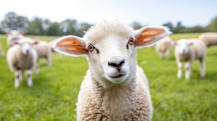 Fototapeta premium Friendly sheep looking directly at the camera while grazing in a lush green field : Generative AI