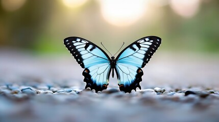 Naklejka premium A vibrant blue butterfly perched elegantly on a rocky surface during golden hour : Generative AI