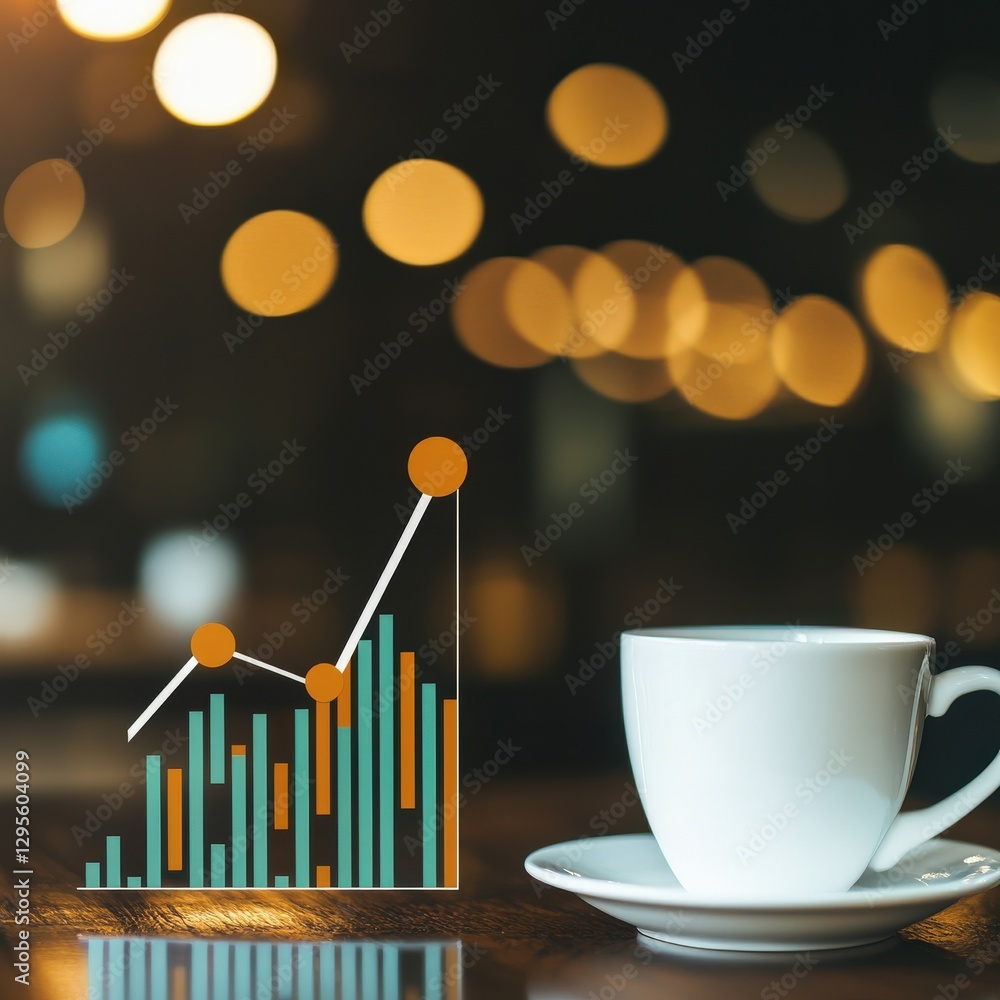 Aufkleber a coffee cup sits on a table surrounded by a bokeh background, featuring a business growth graph, sy
