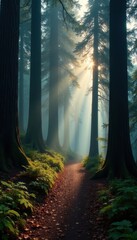 Naklejka premium Misty morning, Redwood canopy overhead, trail winds onward , peaceful, trees, morning