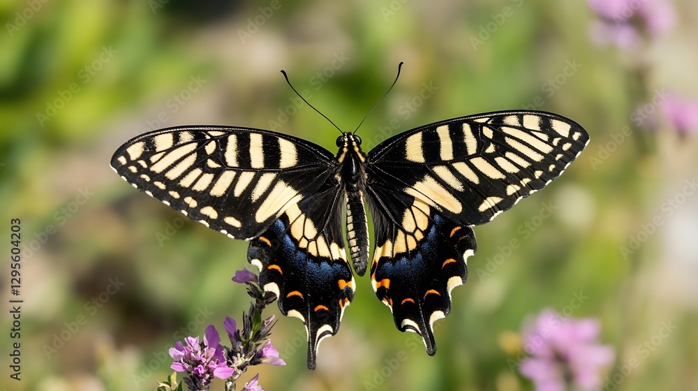 Poster stunning black and yellow butterfly perched on a flower showcasing vibrant colors and intricate wing