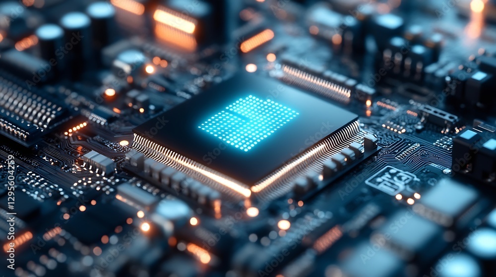 Leinwandbilder Detailed Close Up of a Modern Microprocessor on a Circuit Board with Bright LED Lights : Generative AI