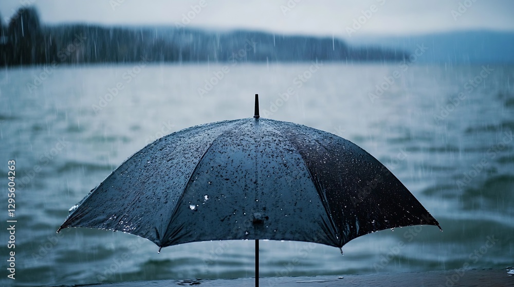 Poster rainy day scene with a black umbrella in a serene water background capturing tranquility and calmnes