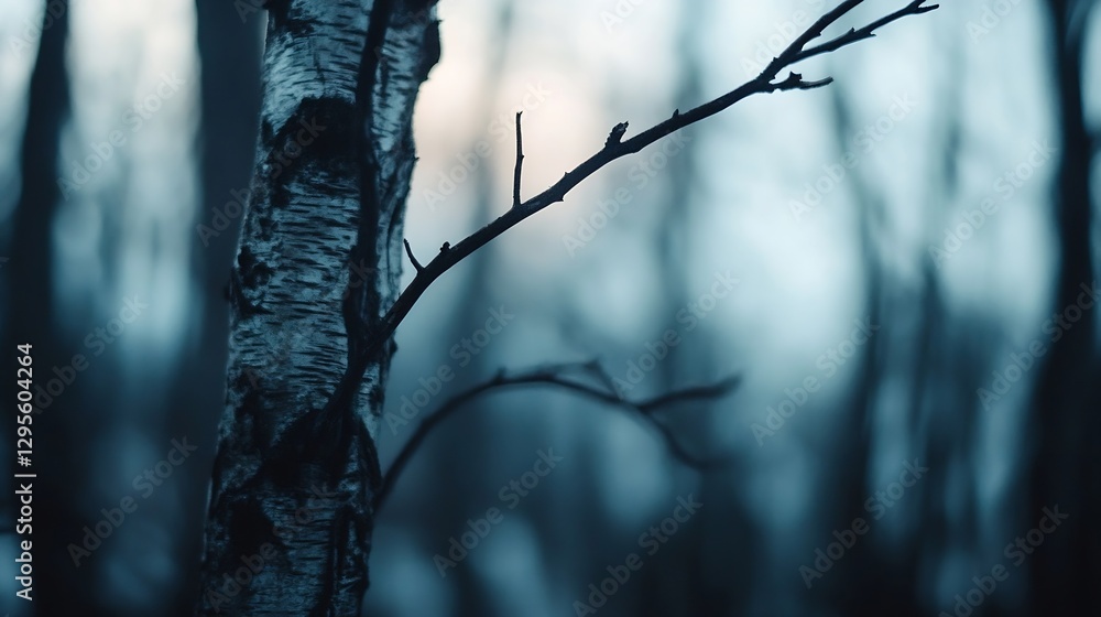 Aufkleber Closeup view of a birch tree branch against a misty forest backdrop during twilight hours : Generative AI