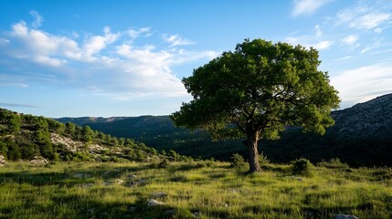 Obraz premium Lone Green Tree Standing in Scenic Landscape with Mountains and Blue Sky in Background : Generative AI