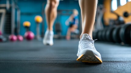 Fototapeta premium Closeup of athletic feet running on gym floor during an intense workout : Generative AI