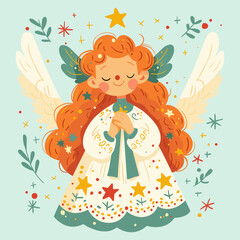 A spring card. Cute angel girl with wings, dress decorated with stars.