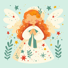 A spring card. Cute little angel girl with wings, in a white cap.