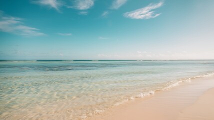 Fototapeta premium Tranquil Beach Scene: The turquoise ocean kisses a pristine sandy beach beneath a bright sky. A perfect escape to paradise.