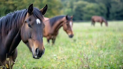 Obraz premium Beautiful Horses Grazing in a Serene Green Field with Soft Natural Light : Generative AI