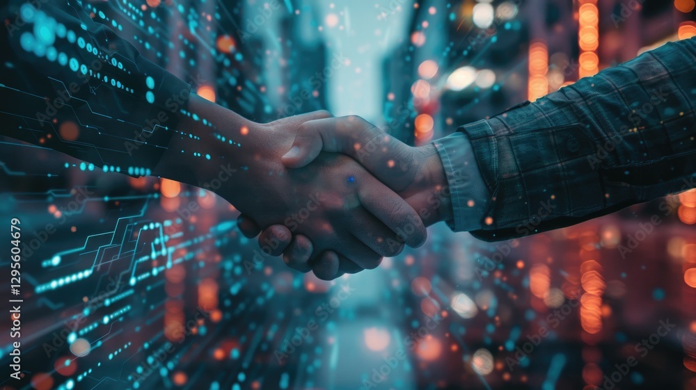 Poster a close-up of two hands shaking, symbolizing collaboration and partnership in a modern, digital cont