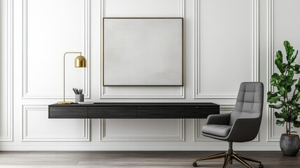 Sleek minimal workspace design with black desk and ergonomic chair in modern setting
