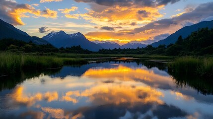 Breathtaking Mountain Landscape Reflected in Calm River at Sunset with Colorful Sky : Generative AI