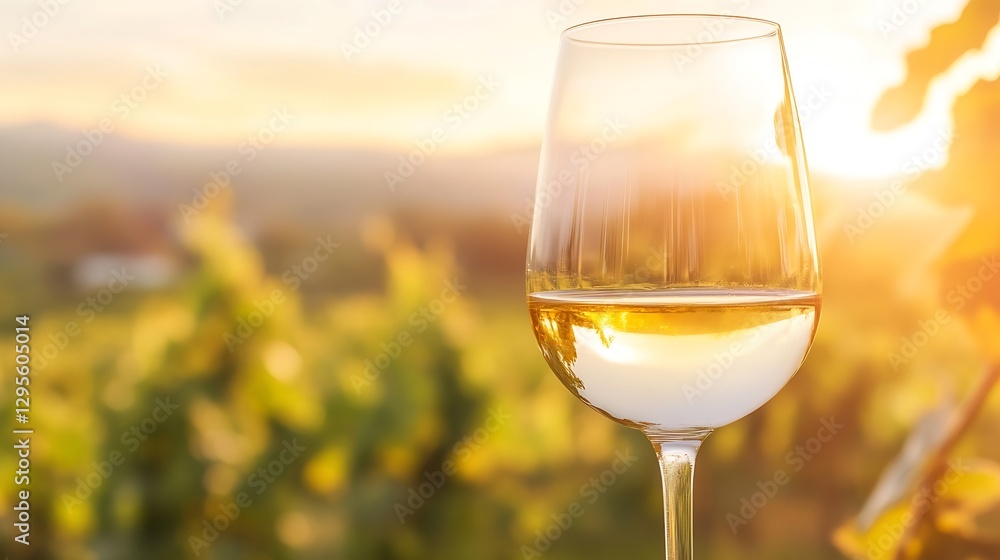 Poster a refreshing glass of white wine capturing a beautiful sunset in a serene vineyard setting : generat