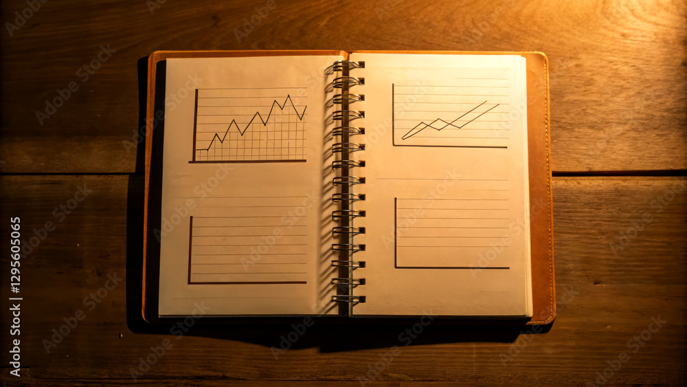 Poster stock pick for dividends forecast concept. open notebook with analytical graphs on pages, placed on 
