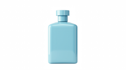 A blue bottle of perfume is sitting on a white background