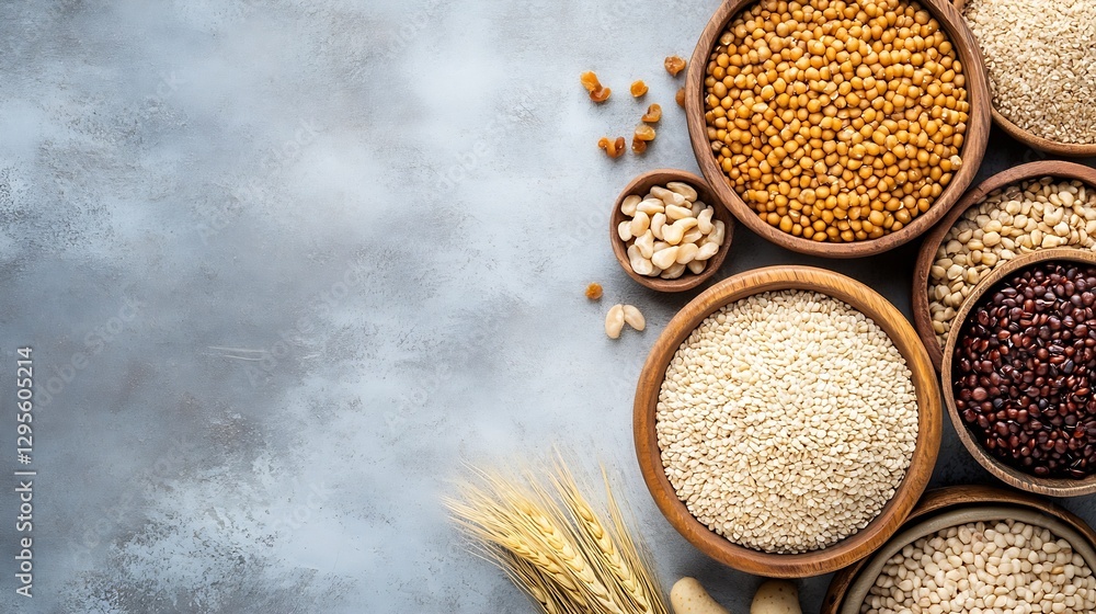 Aufkleber Top view of various grains and seeds arranged in wooden bowls on a textured gray background for healthy eating : Generative AI