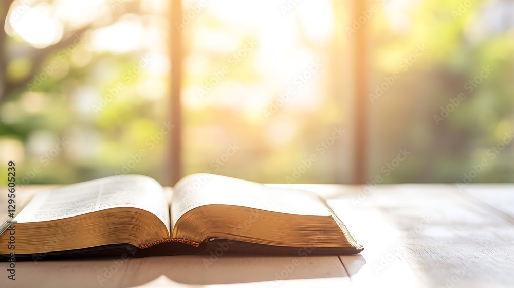 Poster Beautiful Open Book on Table with Golden Pages and Soft Sunlight in Background : Generative AI