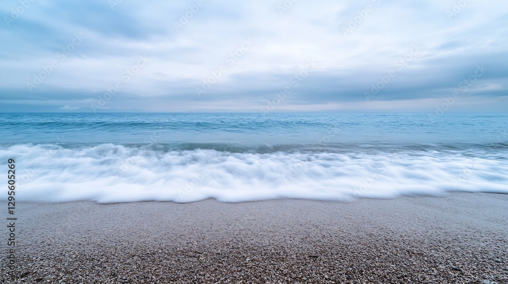 Poster panoramic view of gentle ocean waves crashing onto a serene sandy beach under cloudy skies : generat