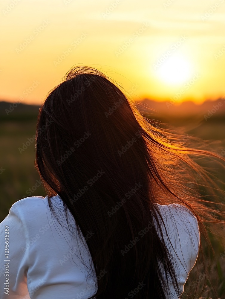 Poster woman enjoying a serene sunset view with flowing hair in a tranquil natural setting : generative ai