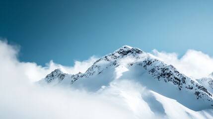 Obraz premium Majestic snowy mountain peaks breaking through clouds under a clear blue sky showcasing nature's splendor : Generative AI