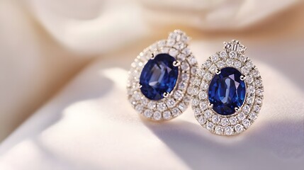 A pair of elegant sapphire and diamond earrings, displayed delicately on a smooth white surface