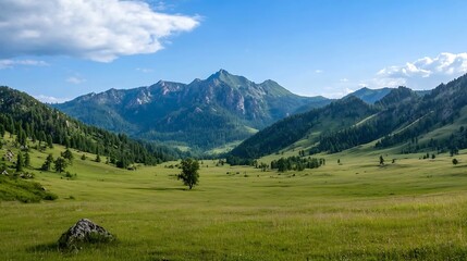 Breathtaking view of lush green mountains under a bright blue sky with white clouds in the distance : Generative AI