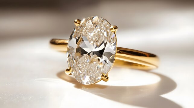 A close-up of a gold engagement ring with a large oval diamond at its center, set on a white surface
