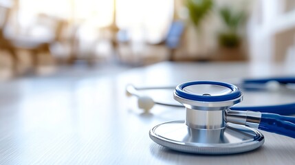 Close-up of a stethoscope on a clinical surface representing healthcare and professionalism : Generative AI