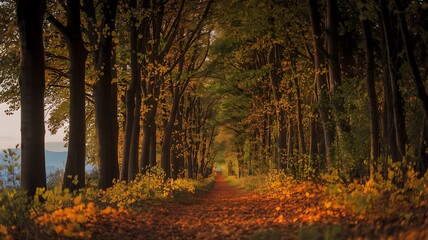 Autumnal Path through the Woods: A serene pathway disappears into the heart of a golden forest, enveloped by a tunnel of trees displaying vibrant autumn hues under a soft, diffused light.