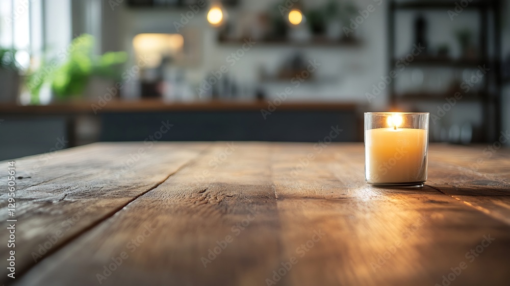 Fototapete warm lit candle on rustic wooden table creating a cozy and inviting atmosphere in a home setting : g