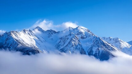 Obraz premium Stunning panoramic view of snow capped mountains against a clear blue sky with wispy clouds in the background : Generative AI