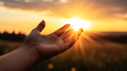 Hand reaching out towards the setting sun in a serene outdoor landscape : Generative AI