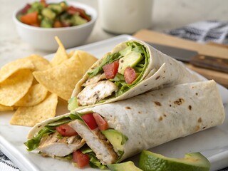 Tortilla wrap with fried chicken meat and vegetables, Vegan vegetable wrap, Close up of kebab sandwich