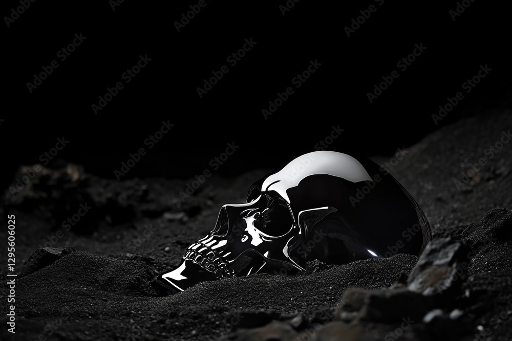Poster black skull resting on dark sand against a minimalistic background exploring themes of mortality and