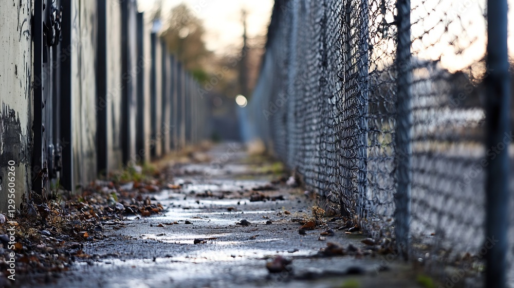 Poster Desolate sidewalk alongside a rusty fence with fallen leaves and puddles reflecting the soft sunlight : Generative AI