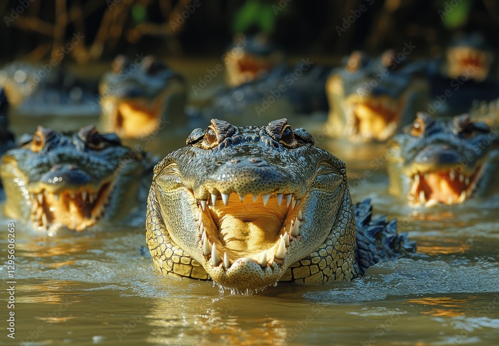 Poster close-up of multiple crocodiles emerging from water with sharp teeth and intense eyes under soft nat