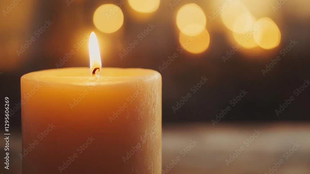 Poster single burning candle glowing warmly surrounded by blurred background lights : generative ai