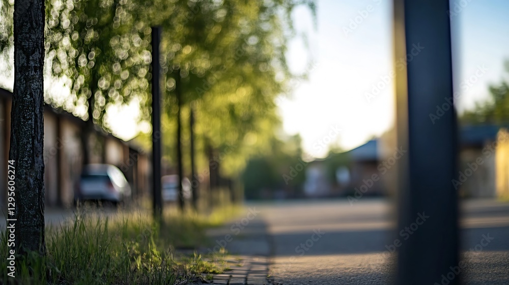 Poster serene early morning view of a tranquil street lined with trees and soft sunlight glimmering on a pe