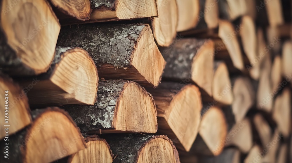 Poster stacked logs of wood displayed neatly in a natural setting ideal for firewood and aesthetic home dec