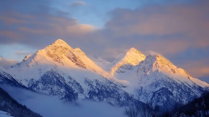 Fototapeta premium Majestic snow capped mountains at sunset illuminating winter scenery : Generative AI