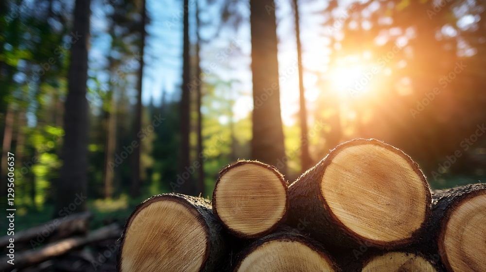 Aufkleber close up of freshly cut logs in forest with sunlight streaming through trees : generative ai