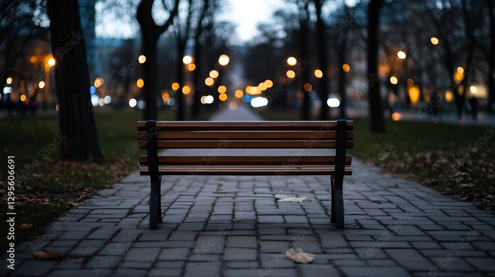 Poster Solitary park bench at twilight surrounded by trees and soft glowing street lights creating a serene atmosphere : Generative AI