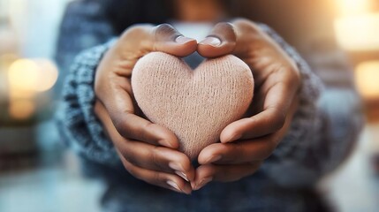 Woman holding a soft textured heart in her hands representing compassion and love in intimate moments : Generative AI